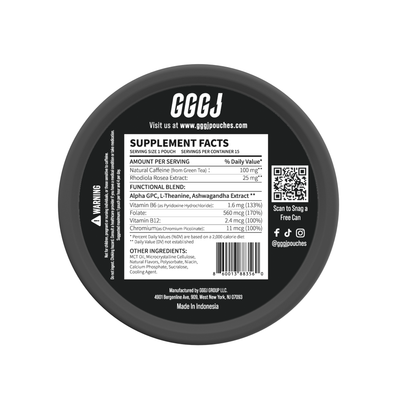 GGGJ Energy and Caffeine Pouches in 5-can packs, plant-based nootropic pouches with 
natural caffeine and Rhodiola, recommended by Joe Rogan and specialists as the best caffeine 
pouches for students, sports, video games, and long-term driving, to keep clarity, maintain focus 
and boost performance. GGGJ Pouches is now available with 10% discounts.
